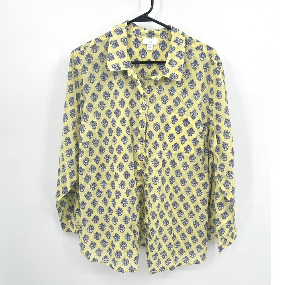 Floral Block Print Shirt XL Yellow Cotton Button Down Coastal Grandma Boho